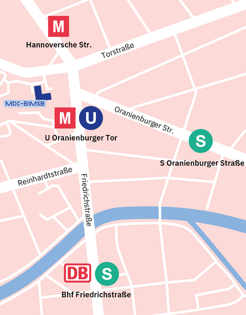 Map of the area around the MDC-BIMSB with public transport stops
