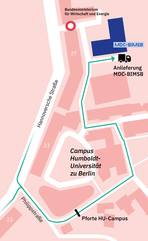 Karte mit Fahrtstrecke für Lieferungen über die Phillipstraße auf den Campus der Humboldt-Universität