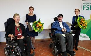 Marion Haase (Chair of the FSHD Diagnostic Group), Dr. Edyta Blasczcyk (1st prize winner), Benjamin Bechtle (Board Member DGM), Dr. Stefanie Meyer (2nd prize winner)