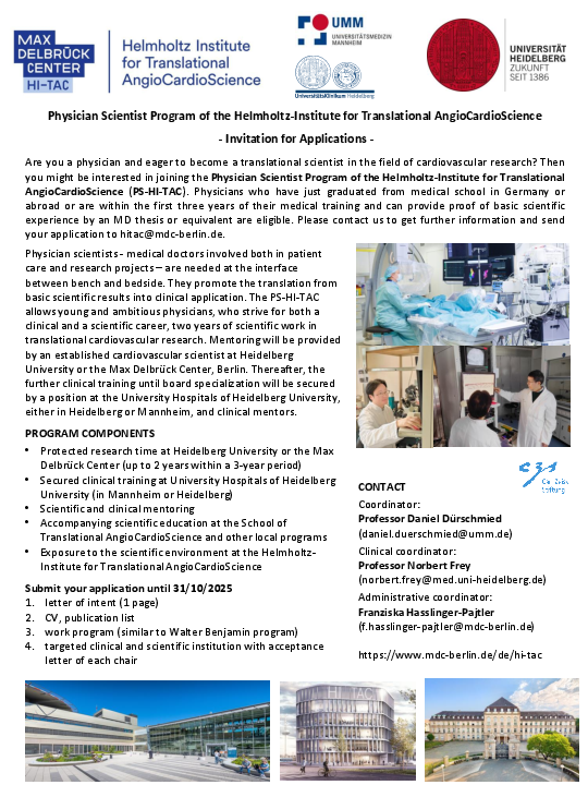Invitation for Applications: Physician Scientist Program of the Helmholtz-Institute for Translational AngioCardioScience